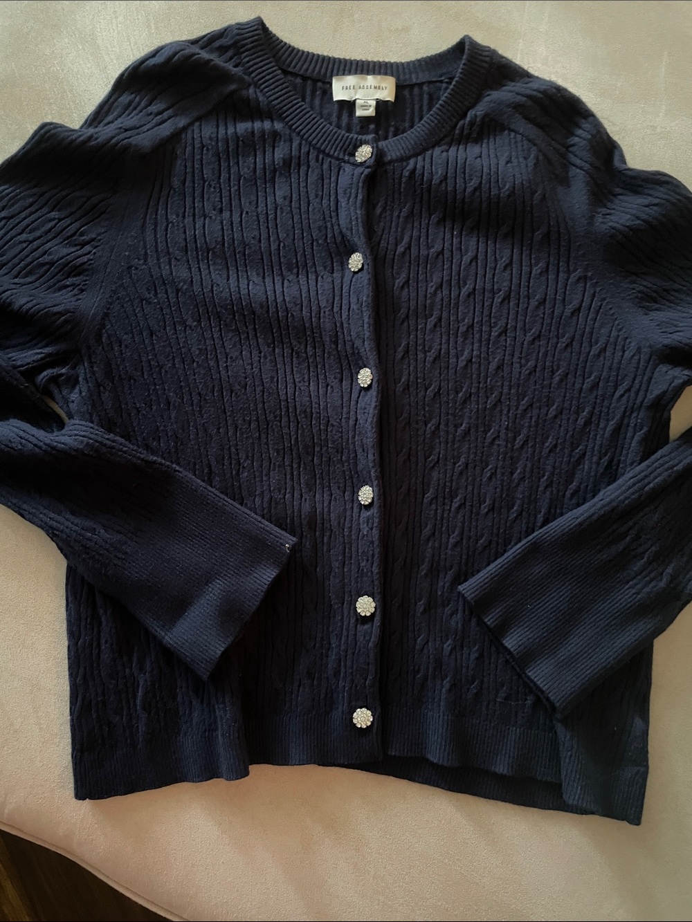 Navy Cable-Knit Jewel-Button Cardigan